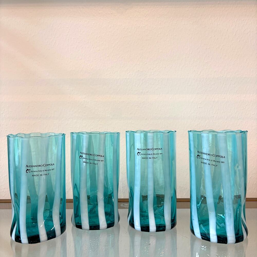 Alessandro Coppola Murano Italy Aqua Blue Art Glass Tumblers Set of 4 NEW